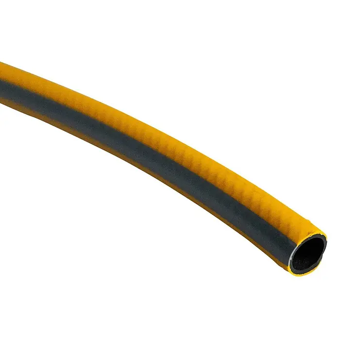Neptun Classic Gartenschlauch - Länge: 50 m, Schlauchdurchmesser: 13 mm - Gelb-schwarzer Gartenschlauch mit texturierter Oberfläche und sichtbarem offenen Ende.