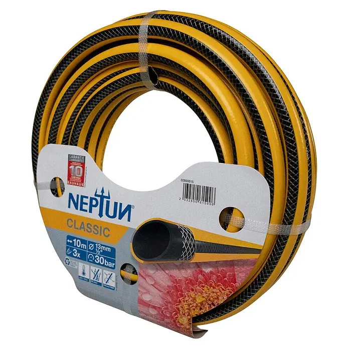 Neptun Classic Manguera para jardín - Ø x L: 13 mm x 10 m, ½″, Plástico - Manguera de jardín amarilla y negra enrollada con etiqueta de producto.
