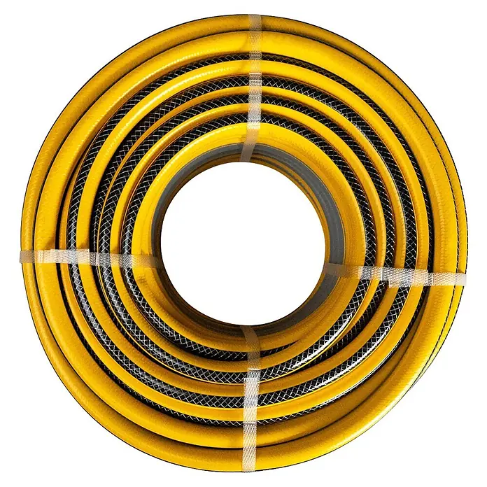 Neptun Classic Gartenschlauch - Länge: 30 m, Schlauchdurchmesser: 13 mm - Aufgerollter gelber Gartenschlauch mit schwarzer Verstärkung, mit weißen Gurten gesichert.