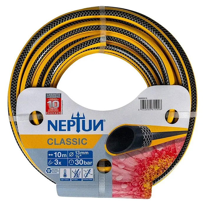 Neptun Classic Gartenschlauch - Länge: 10 m, Schlauchdurchmesser: 13 mm - Gerollter gelb-schwarzer Neptun Classic Gartenschlauch, 10m, 13mm (1/2 Zoll), aus recyceltem Material, mit 10 Jahren Garantie.