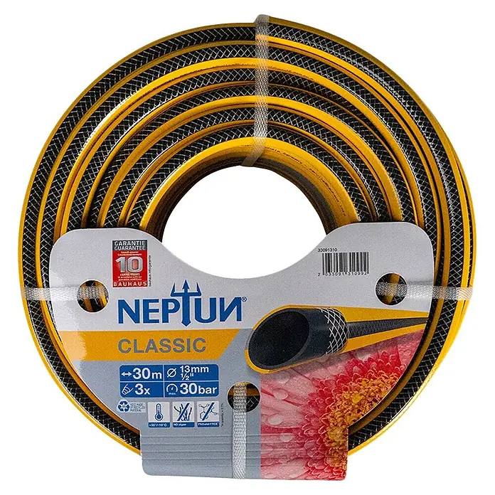 Neptun Classic Gartenschlauch - Länge: 30 m, Schlauchdurchmesser: 13 mm - Aufgerollter gelb-schwarzer Gartenschlauch mit Produktetikett, 30 Meter lang und 13mm (1/2 Zoll) Durchmesser.