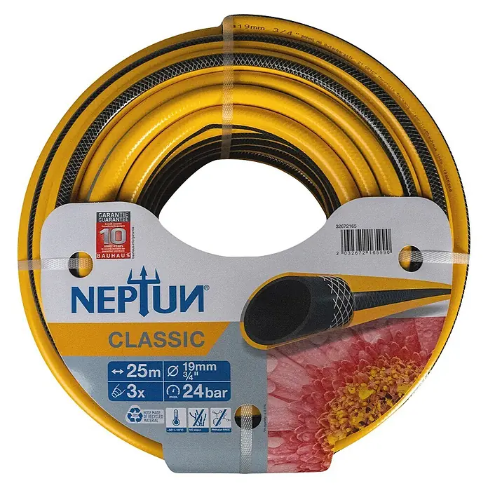 Neptun Classic Gartenschlauch - Länge: 25 m, Schlauchdurchmesser: 19 mm - Aufgerollter gelb-schwarzer Gartenschlauch mit Etikett, das 25m Länge, 19mm Durchmesser und 24 bar Druck zeigt.