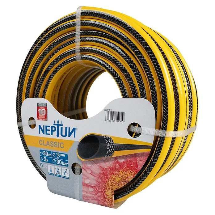 Neptun Classic Manguera para jardín - Ø x L: 13 mm x 30 m, ½″ - Manguera de jardín enrollada amarilla y negra con etiqueta de producto.
