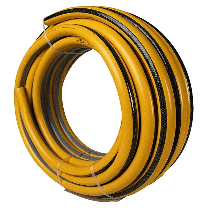 Neptun Classic Manguera para jardín - 1″, Plástico - Manguera de jardín amarilla enrollada con rayas negras para regar.