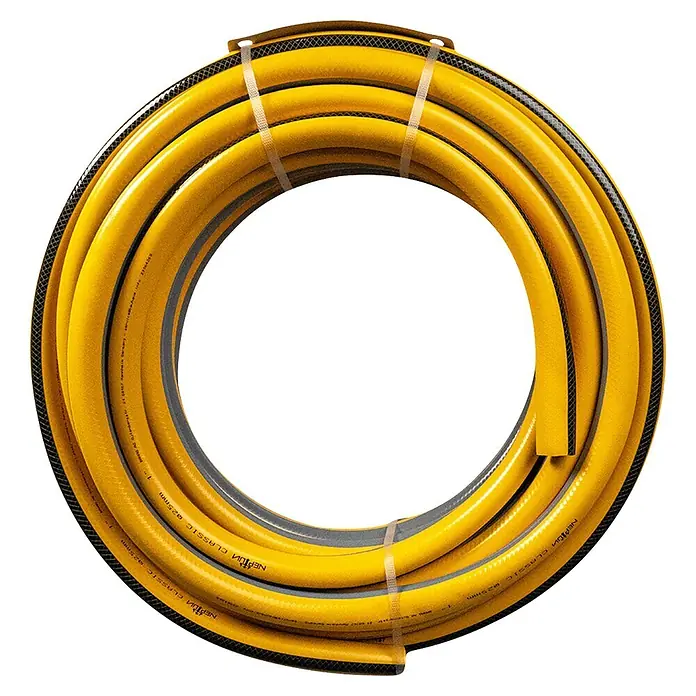 Neptun Classic Gartenschlauch - Länge: 20 m, Schlauchdurchmesser: 25 mm - Gelber verstärkter Gartenschlauch, aufgerollt und gebündelt, mit 'NEPTUN CLASSIC Ø25MM' Aufschrift.