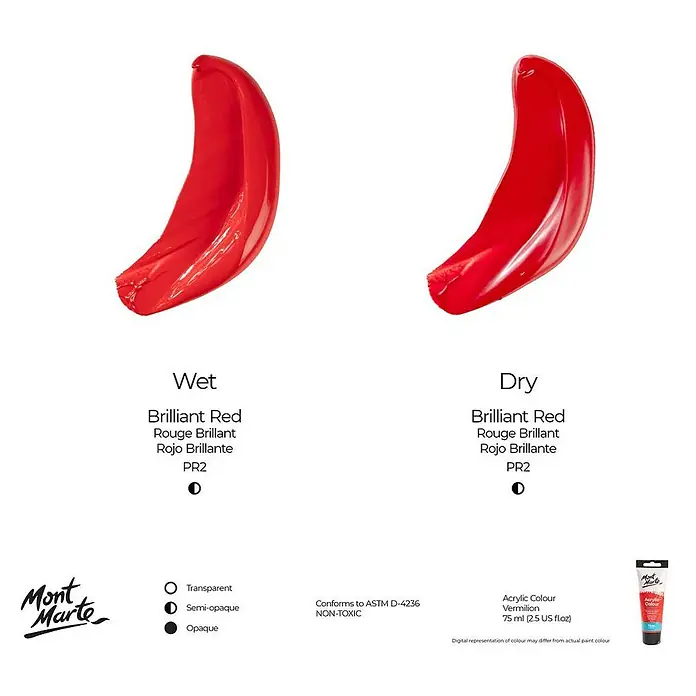 Mont Marte Acrylfarbe Signature - Brillantrot, 75 ml, Tube - Leuchtend roter Acrylfarbstrich, nass und trocken dargestellt, der seinen lebhaften Zinnoberton hervorhebt.
