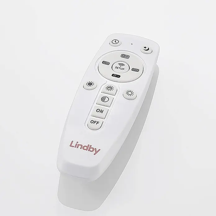 Lindby LED-Panel Nelios - schwarz, Neutralweiß - Weiße Lindby-Fernbedienung aus Kunststoff mit AN/AUS-, Dimmer- und Setup-Tasten für Beleuchtung.