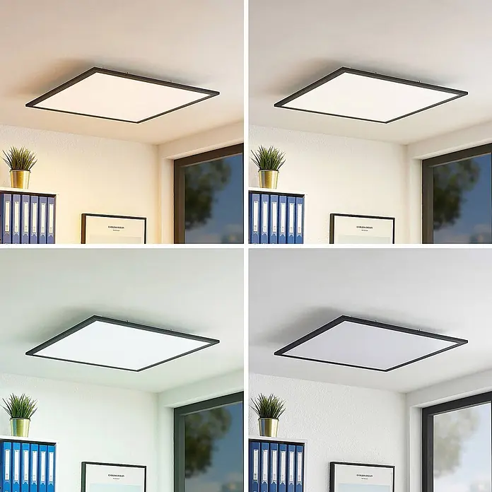 Lindby LED-Panel Nelios - schwarz, Neutralweiß - Quadratische LED-Deckenleuchte mit schwarzem Rahmen, weißem Diffusor, in vier Lichtfarben einen Raum beleuchtend.