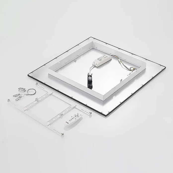 Lindby LED-Panel Nelios - schwarz, Neutralweiß - Demontierte quadratische LED-Deckenleuchte in Weiß/Silber, mit Treiber, Montagerahmen, Fernbedienung und Aufhängedrähten.