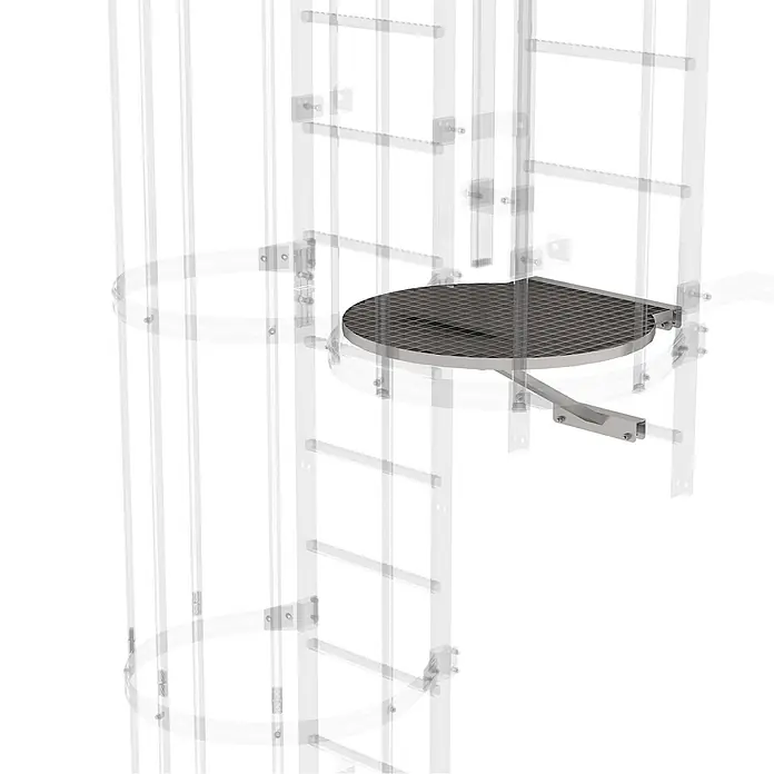 Munk Mehrzweckleiter Umsteigeplattform zwischen Leiterzügen 700mm Edelstahl - Edelstahl - Graue Metallgitter-Ruheplattform für ein Leitersystem.