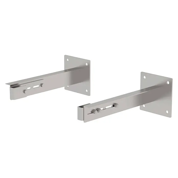 Munk Mehrzweckleiter Sonderwandhalter Edelstahl Wandabstand 500-600mm 2 Stück - Edelstahl - Zwei gebürstete Metall-Stützhalterungen mit Wandplatten und verstellbaren Kanalarmen.