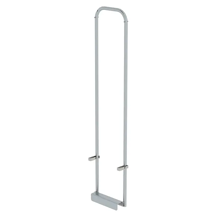 Munk Mehrzweckleiter Einstiegshilfe aus Edelstahl doppelholmig für Leiterbreite 340mm - Edelstahl - Hellgraues U-förmiges Metall-Stützgestell mit verstellbaren Seitenelementen und flacher Basis.