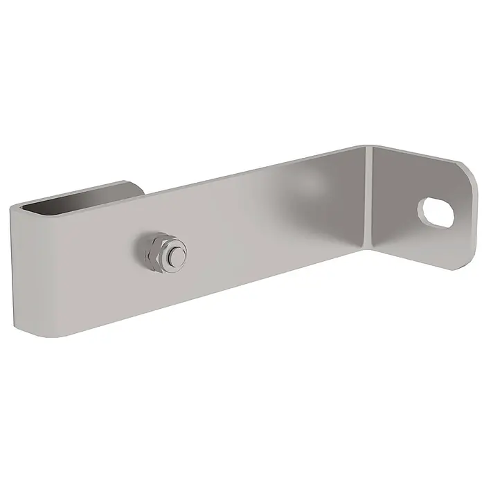 Munk Mehrzweckleiter Wandhalter starr Edelstahl Wandabstand 200mm - Edelstahl - Silberne Metall-L-Halterung mit Kanalende, ovalem Loch und sichtbarer Schraube mit Mutter.