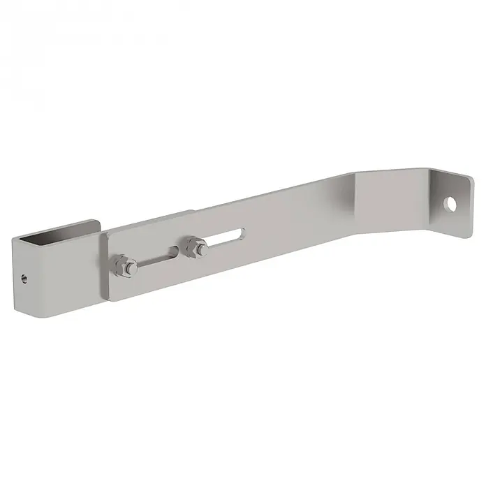 Munk Mehrzweckleiter Aluminium-Leiter - Edelstahl - Verstellbare hellgraue Metallhalterung mit U-förmigen und L-förmigen Enden und einem Langloch mit Befestigungselementen.