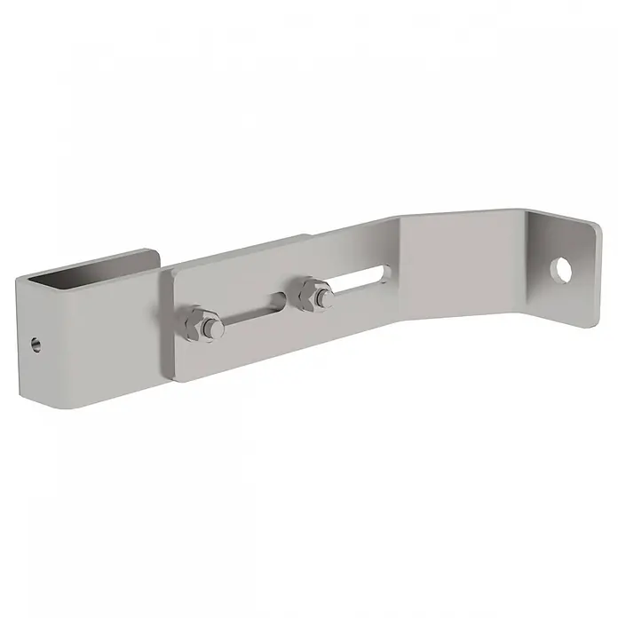 Munk Mehrzweckleiter Aluminium-Leiter - Edelstahl - Abgewinkelte, silberne Metall-Montagehalterung mit Langlöchern, zwei Schrauben und einem U-förmigen Ende.