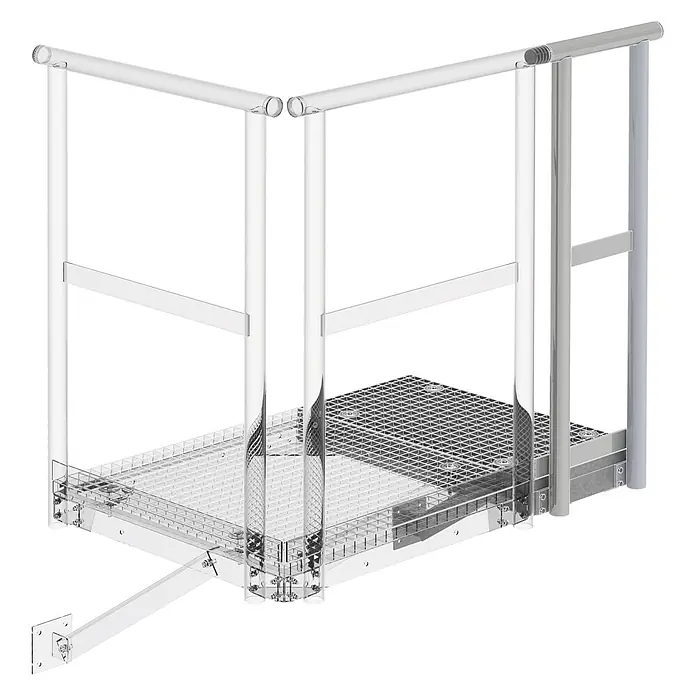 MUNK Erweiterungspodest 400mm -  - Wandmontierte Metallplattform mit Geländern und Gitterrostboden für industriellen Zugang.