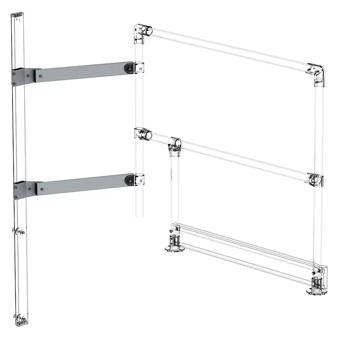 Munk Mehrzweckleiter Verbinder - Stahl - Modulares Display-System aus transparentem Acryl und grauem Metall.