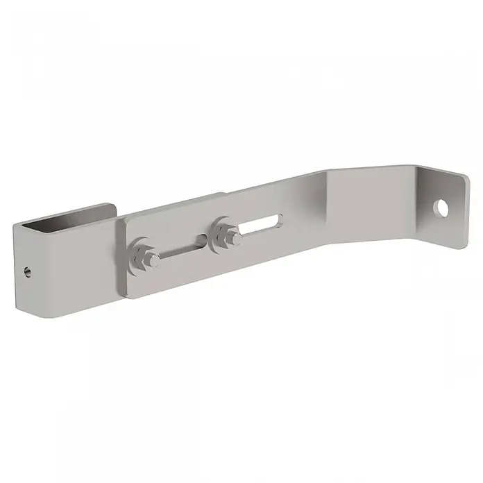 Munk Mehrzweckleiter Aluminium-Leiter - Edelstahl - Hellgraue, verstellbare Metallhalterung mit C-Profil-Endstück, Schraubverbindung und Befestigungslöchern.
