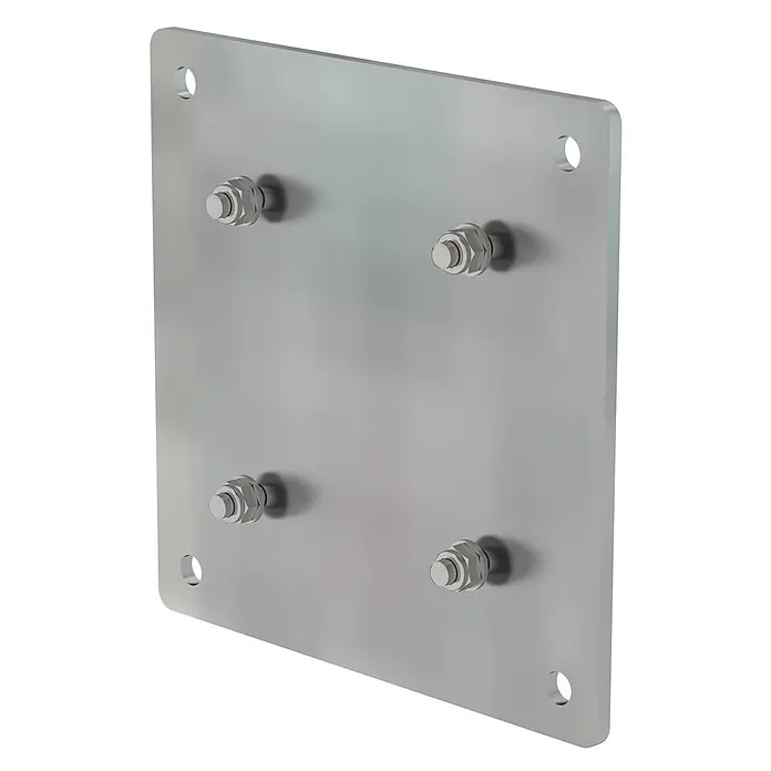 Munk Mehrzweckleiter Adapterplatte feuerverzinkt - Edelstahl - Silberne Metall-Montageplatte mit vier Schrauben und Muttern.