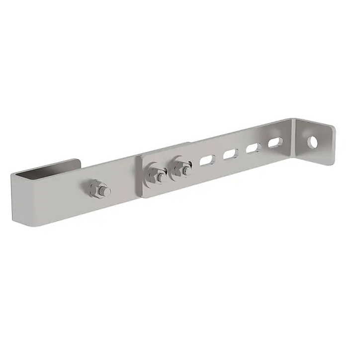 Munk Mehrzweckleiter Aluminium-Leiter - Edelstahl - Graue Metall-Montagehalterung mit Schrauben, Langlöchern und U-Profil-Ende.