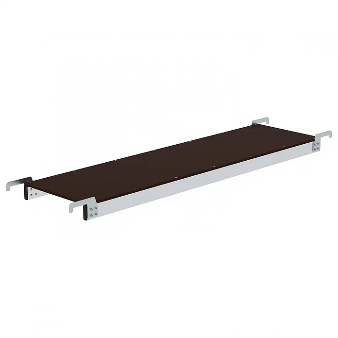 Munk Montagegerüst Einhängeplattform für Klapptritte 1,80x0,48m -  - Gerüstbohle mit dunkelbrauner Oberfläche und silbernem Metallrahmen, mit Haken an beiden Enden zur Befestigung.
