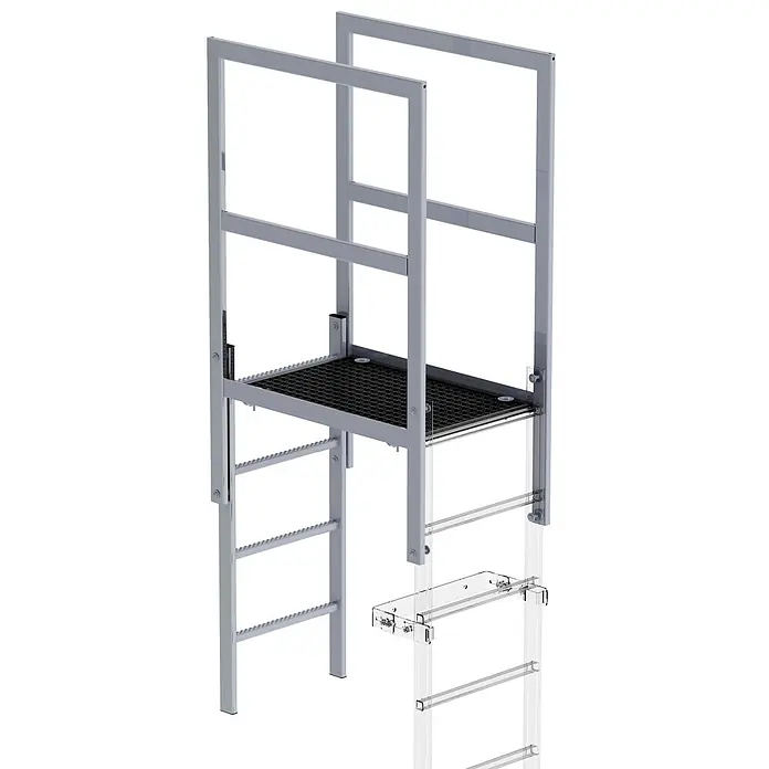 Munk Dachleiter Attika-Überstieg in Sonderlängen Aluminium eloxiert 1600mm - Aluminium - Silberne Industrieleiter mit Gitterplattform und Handläufen, mit transparenter unterer Verlängerung für modulare Anbringung.