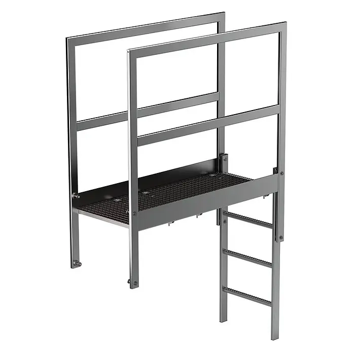 MUNK Attika-Überstieg in Sonderlängen Edelstahl 1400mm -  - Graue Metall-Zugangsplattform mit perforierter Standfläche, Sicherheitsgeländer und integrierter Leiter.