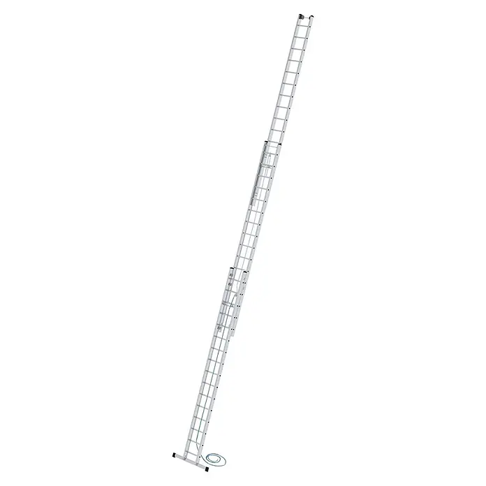 Munk Seilzugleiter Seilzugleiter mit Traverse 3x16 Sprossen - Anzahl Tritte: 16 Stk., Arbeitshöhe: 11.900 m, Aluminium - Silberne Aluminium-Auszugsleiter mit blauem Seilzugsystem zur Höhenverstellung.