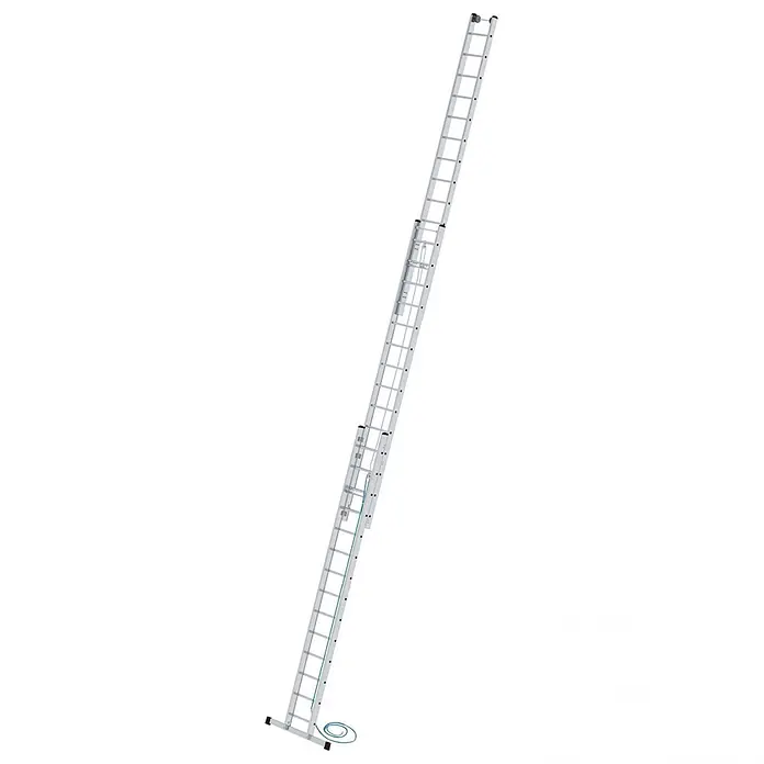 Munk Seilzugleiter Seilzugleiter mit Traverse 3x14 Sprossen - Anzahl Tritte: 14 Stk., Arbeitshöhe: 10.800 m, Aluminium - Silberne Aluminium-Ausziehleiter mit blauem Seilzugmechanismus für verschiedene Höhen.