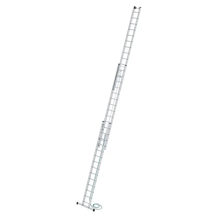 Munk Seilzugleiter Seilzugleiter mit Traverse 3x14 Sprossen - Anzahl Tritte: 14 Stk., Arbeitshöhe: 10.800 m, Aluminium - Silberne Aluminium-Seilzugleiter, ausgefahren und einsatzbereit.