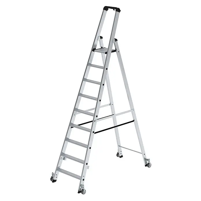 Munk Stehleiter Stehleiter einseitig begehbar mit Rollen 9 Stufen - Anzahl Tritte: 9 Stk., Arbeitshöhe: 4.100 m, Aluminium - Robuste silberne Aluminium-Stehleiter mit rutschfesten Stufen, einer Plattform und Rollen für leichten Transport.