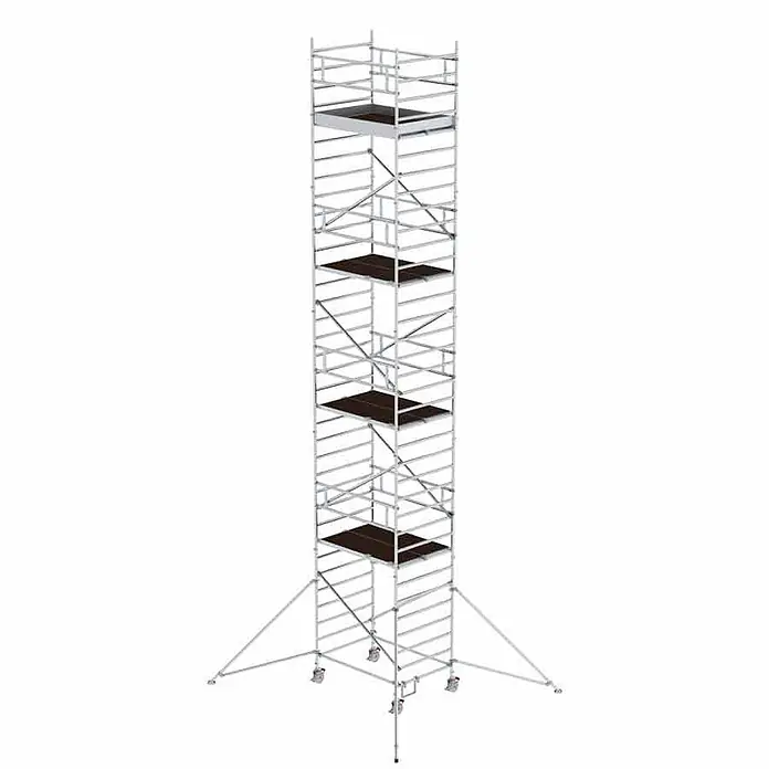 MUNK Rollgerüst mit Doppelplattform 1,35x1,80m Plattform 13,35m AH -  - Silbernes mobiles Gerüst mit dunklen Plattformen, Rollen und Auslegern für Stabilität und Höhenzugang.