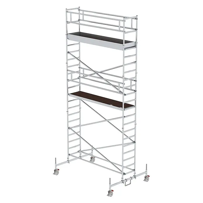 Munk Rollgerüst Rollgerüst mit Fahrbalken 0,75x3,00m Plattform 7,45m AH - Arbeitshöhe: 7.450 m - Mobiles Aluminium-Rollgerüst mit zwei dunklen Plattformen, Rollen und Auslegern für sicheren Zugang.
