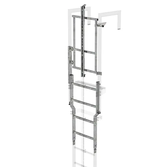 Munk Anlegeleiter Sicherungstüre mit Steigschutzschiene Stahl verzinkt - Stahl - Modulare silberne Metallleiter mit ausziehbaren Sektionen, gezackten Sprossen und oberen Befestigungshaken.