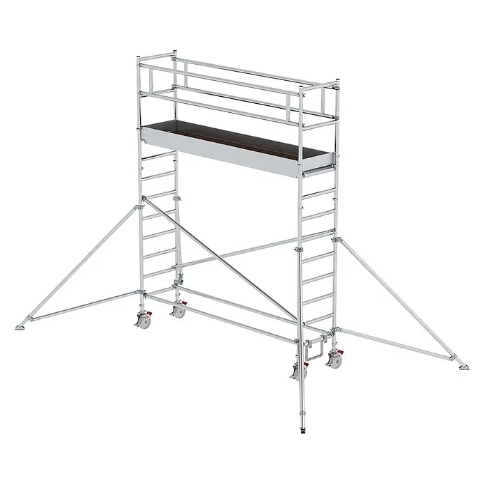 Munk Rollgerüst Aluminium-Rollgerüst mit Ausleger 3,00x0,75m Plattform 5,07m AH - Arbeitshöhe: 5.000 m - Mobiles Gerüst aus silbernem Aluminium mit Rollen, Auslegern, Arbeitsplattform und Geländern für sicheren Höhenzugang.