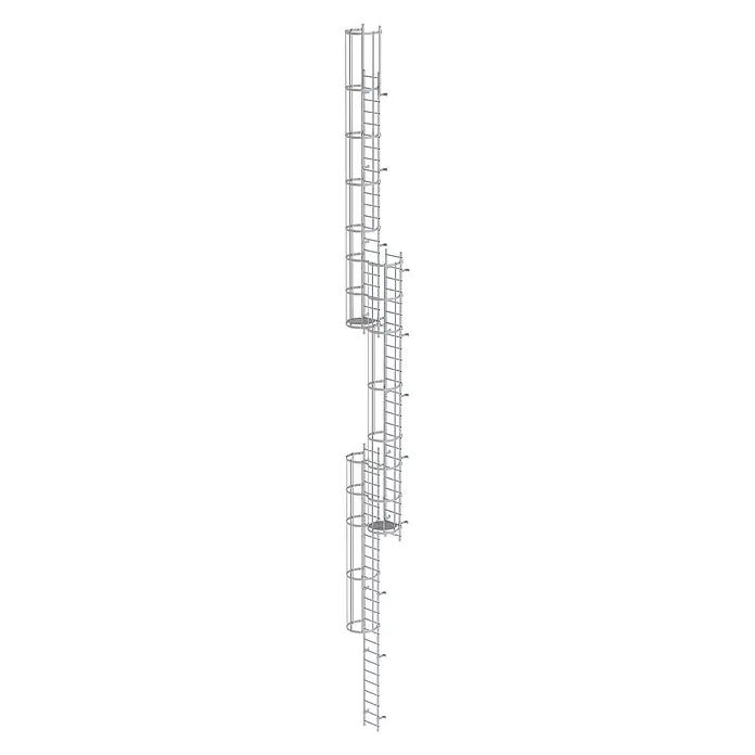 Munk Anlegeleiter ortsfeste Steigleitern Aluminium eloxiert, 16,80m SH PG2 - Aluminium - Modulares, silbernes Metall-Steigleiter-System mit mehreren Abschnitten und Zwischenpodesten.