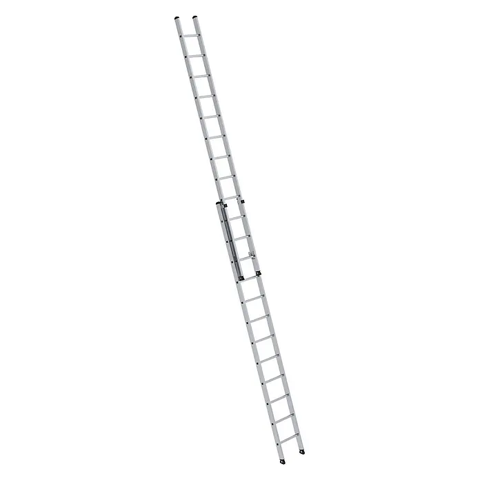 Munk Anlegeleiter Aluminium-Schiebeleiter 2-teilig ohne Traverse 2x12 Sprossen - Anzahl Tritte: 12 Stk., Arbeitshöhe: 7.200 m, Aluminium - Silberne Aluminium-Ausziehleiter mit mehreren Segmenten, bereit für den Einsatz in variabler Höhe.