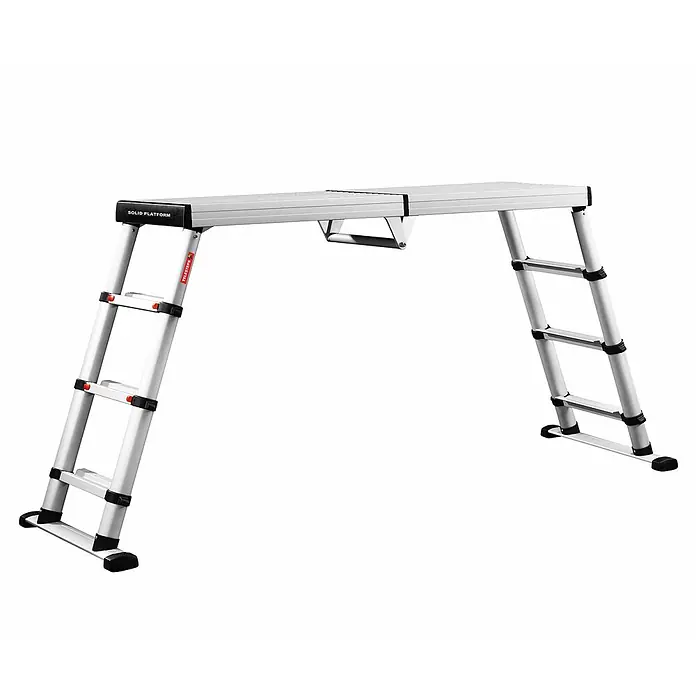 Munk Arbeitsplattform Teleskop-Arbeitsplattform Solid Line - Anzahl Tritte: 4 Stk., Arbeitshöhe: 3.600 m - Silberne Aluminium-Arbeitsplattform mit Teleskopbeinen und geriffelter Oberfläche für erhöhte Arbeiten.