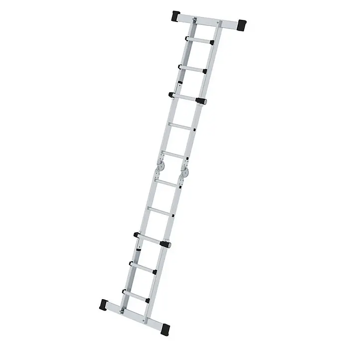 Munk Teleskopleiter Teleskopleiter mit Traverse 4x3 Sprossen - Anzahl Tritte: 3 Stk., Arbeitshöhe: 4.200 m, Aluminium - Silberne Aluminium-Mehrzweckleiter mit Gelenkabschnitten, breiten Stabilisatoren und schwarzen Gummifüßen.