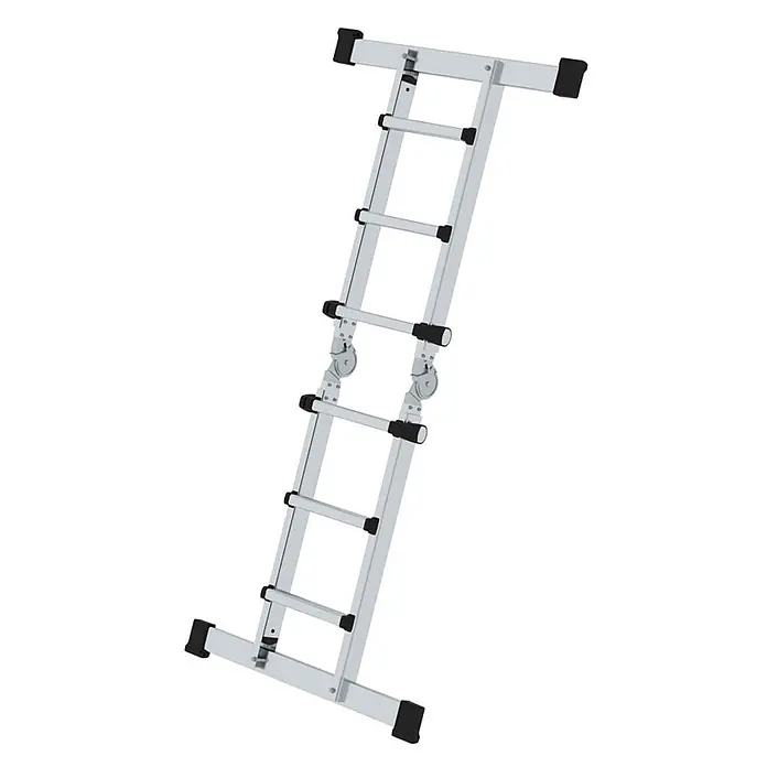 Munk Teleskopleiter Teleskopleiter mit Traverse 4x3 Sprossen - Anzahl Tritte: 3 Stk., Arbeitshöhe: 4.200 m, Aluminium - Schräge, silberne Aluminium-Gelenkleiter mit schwarzen Schutzkappen und verstellbaren Scharnieren.