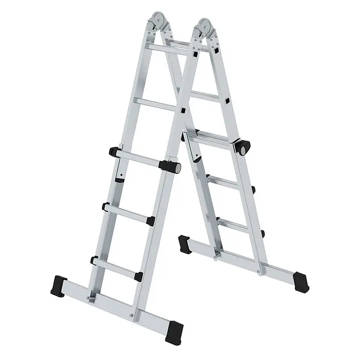 Munk Teleskopleiter Teleskopleiter mit Traverse 4x3 Sprossen - Anzahl Tritte: 3 Stk., Arbeitshöhe: 4.200 m, Aluminium - Klappleiter aus silbernem Aluminium in A-Form mit schwarzen Kunststoffscharnieren und -füßen.