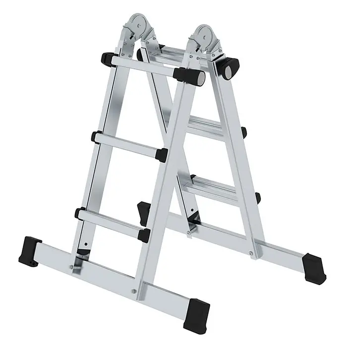 Munk Teleskopleiter Teleskopleiter mit Traverse 4x3 Sprossen - Anzahl Tritte: 3 Stk., Arbeitshöhe: 4.200 m, Aluminium - Silberfarbene Aluminium-Mehrzweck-Klappleiter mit schwarzen Scharnieren und rutschfesten Füßen, als A-Leiter aufgestellt.