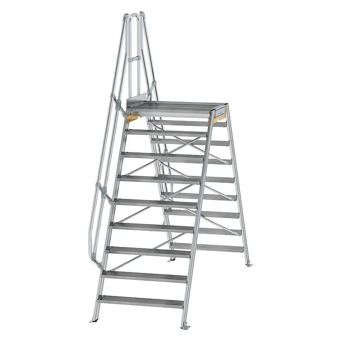 Munk Treppenpodest Überstieg 60° inkl. einen Handlauf, Stufenbreite 1000mm, 2x9 Stufen -  - Mobile Arbeitsplattform aus silbernem Aluminium mit Stufen und integrierten Handläufen.