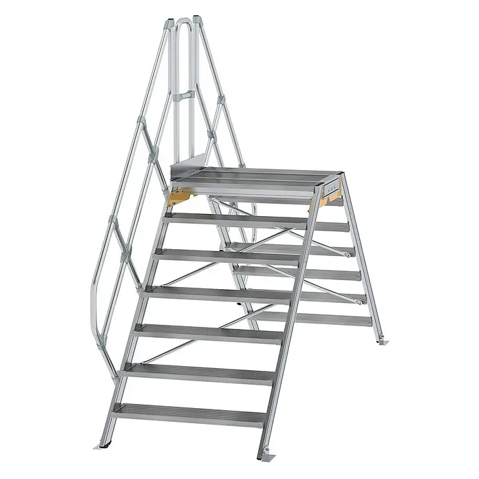 Munk Treppenpodest Überstieg 45° inkl. einen Handlauf, Stufenbreite 1000mm, 2x7 Stufen -  - Silberfarbene tragbare Aluminium-Arbeitsplattform mit mehreren Stufen und integrierten Handläufen für sicheren Zugang.