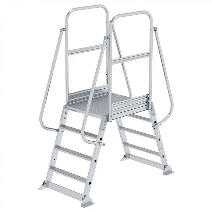 Munk Treppenpodest Überbrückung beidseitig begehbar 4 Stufen -  - Silberne Aluminium-Arbeitsplattform mit zwei Treppen und Handläufen.