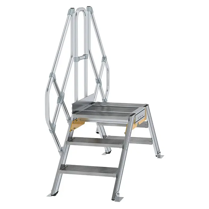 Munk Treppenpodest Überstieg 45° inkl. einen Handlauf, Stufenbreite 600mm, 2x3 Stufen -  - Silberne Aluminium-Sicherheits-Arbeitsplattform mit drei breiten Stufen und integrierten Handläufen für sicheren Zugang.