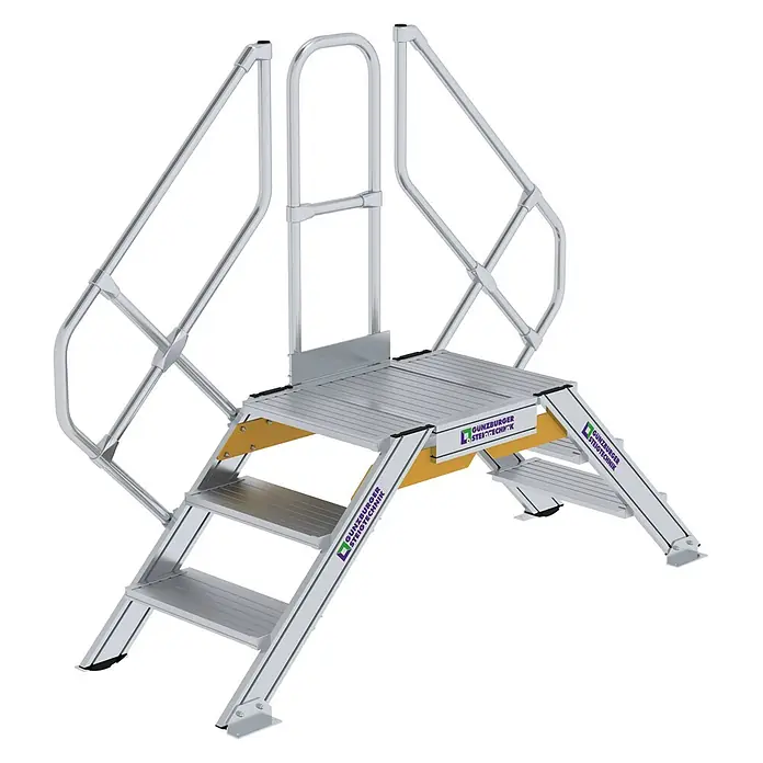 Munk Treppenpodest Überstieg 45° inkl. einen Handlauf, Stufenbreite 600mm, 2x3 Stufen -  - Modulare Arbeitsplattform aus silbernem Aluminium mit Stufen und Sicherheitsgeländer.