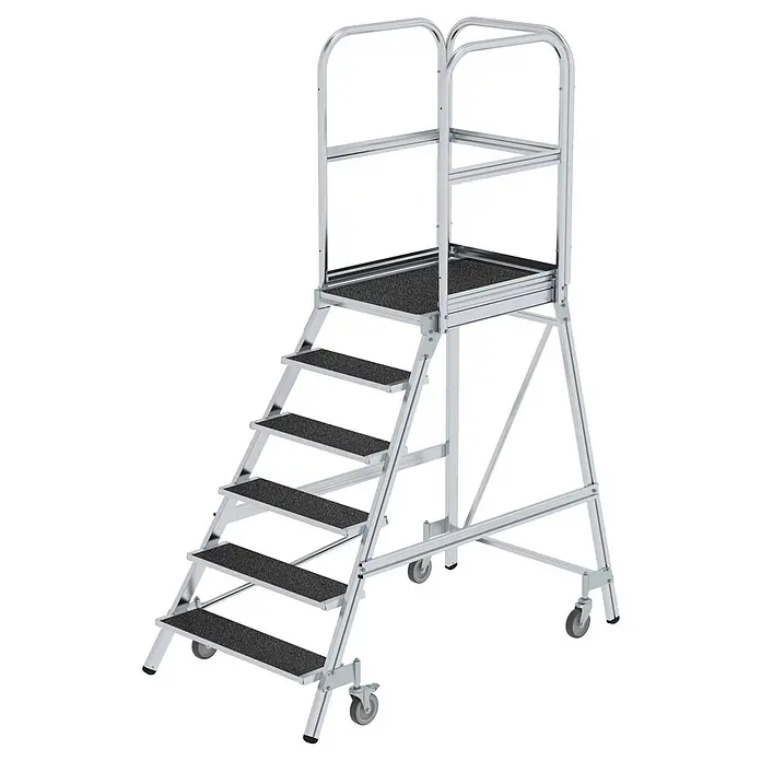 Munk Podestleiter Podestleiter fahrbar R13 Korund 6 Stufen - Anzahl Tritte: 6 Stk., Arbeitshöhe: 3.500 m, Aluminium - Mobile Aluminium-Arbeitsplattform mit rutschfesten Stufen, Sicherheitsgeländern und Rollen.