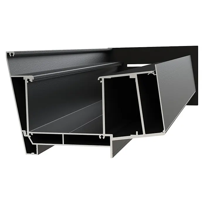 Gardendreams Terrassenüberdachung Elegance - B x T: 600 x 405,5 cm, Graualuminium, Verbundsicherheitsglas (VSG), Klar - Schwarzes Aluminium-Strangpressprofil im Querschnitt, zeigt interne Kanäle und Struktur.