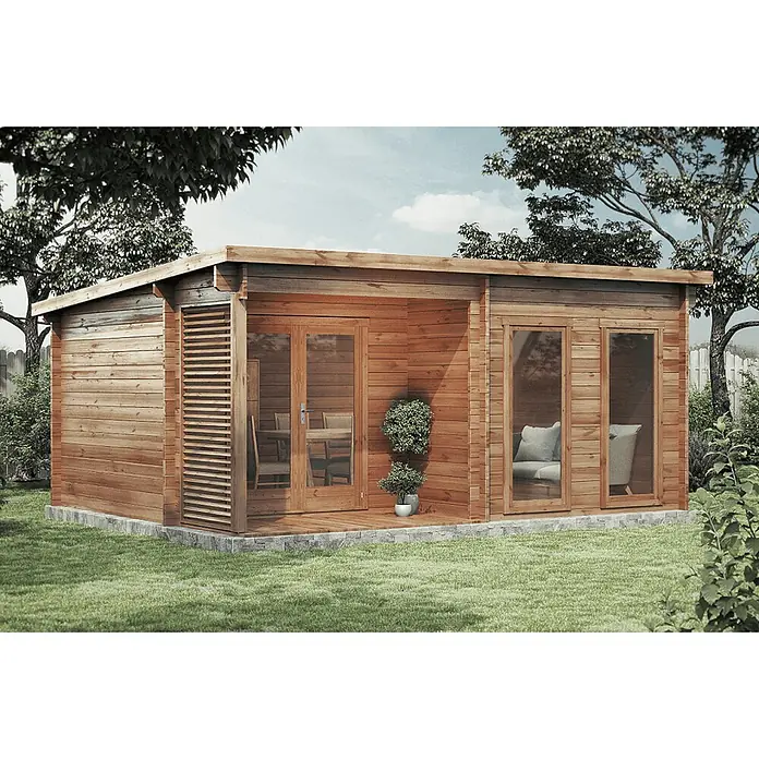 Alpholz Gartenhaus Orkus - Außenmaß inkl. Dachüberstand (B x T): 560 x 440 cm, Holz, Pinie - Gartenhaus aus Naturholz mit Flachdach, großen Glastüren/-fenstern und überdachter Veranda.